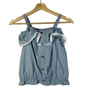 Forever Me Light Blue Denim Lace Ruffle Button Front Short Sleeve L
